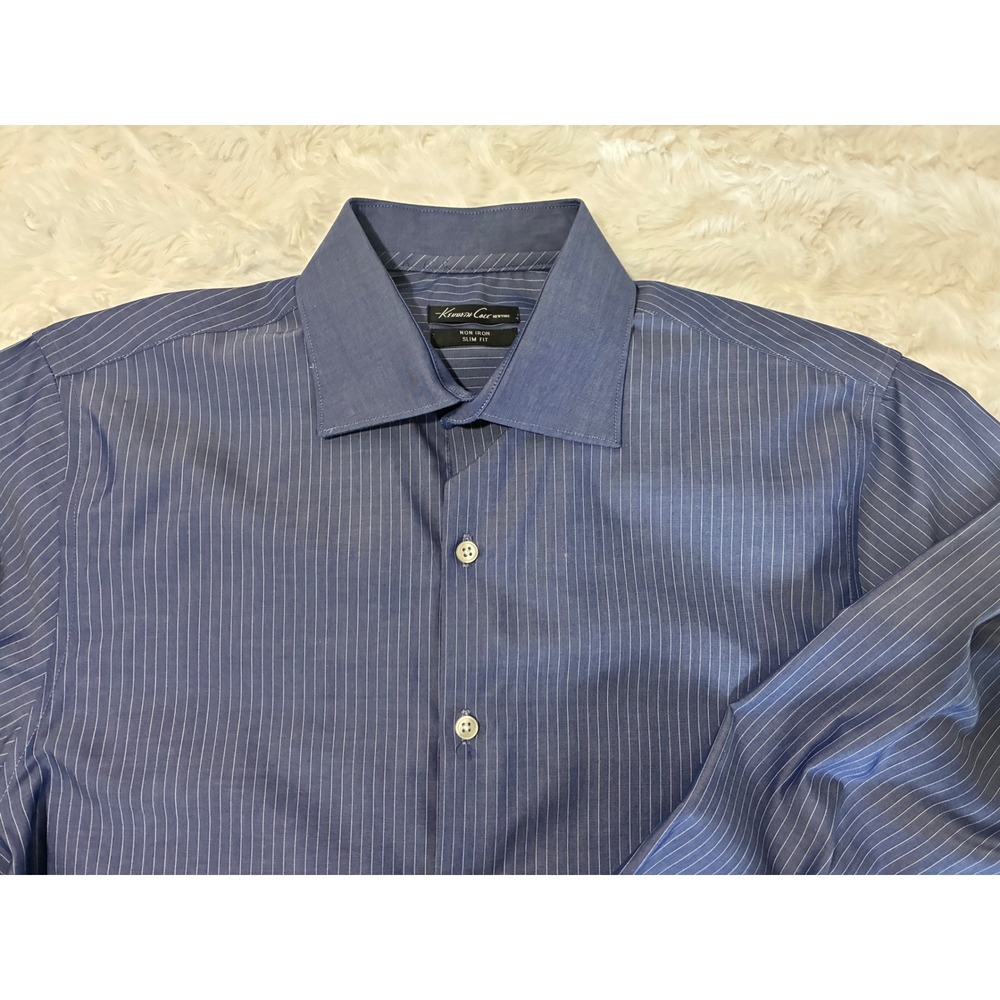 Kenneth‎ Cole NY Mens Blue Pinstripe Non Iron Slim Fit Dress Shirt 15.5 34/35